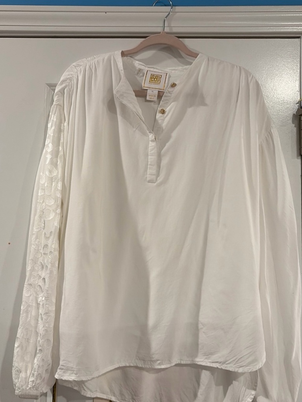 Eileen Fisher White Lace-Trim Henley Blouse